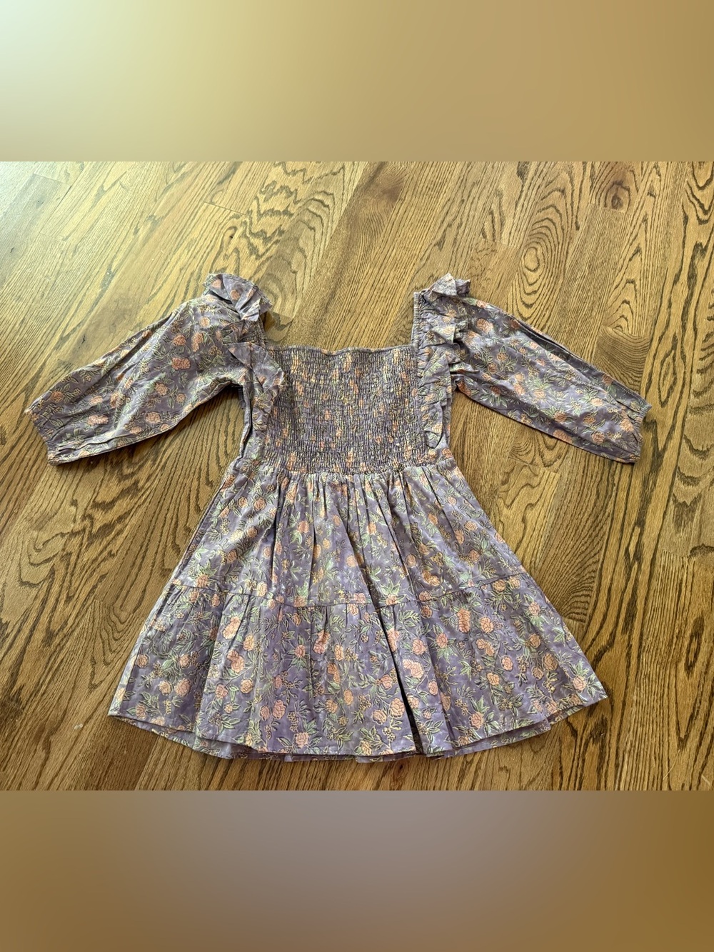 Victoria Dunn Floral Smocked Square-Neck Dress Lavender with Pink Roses XS